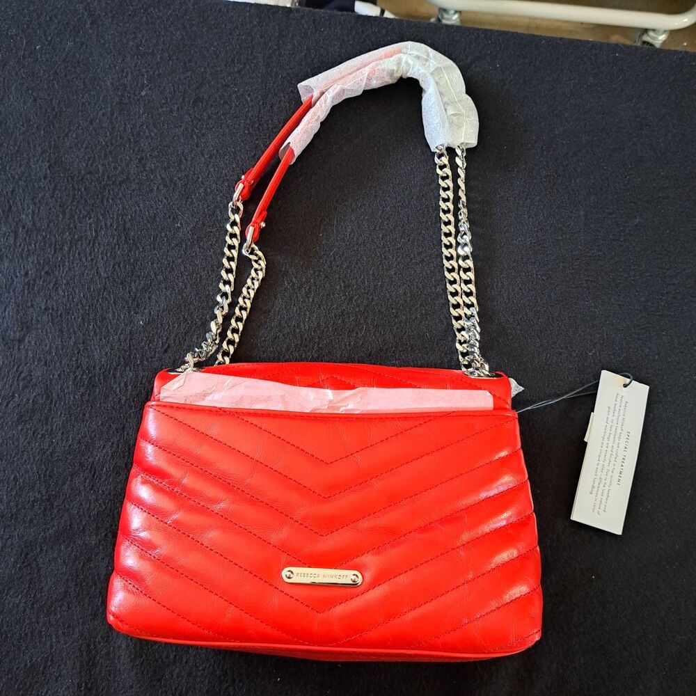 Rebecca Minkoff Crossbody Bag Red Chevron Quilted Leather Silver Chain Hardware - Picture 6 of 14